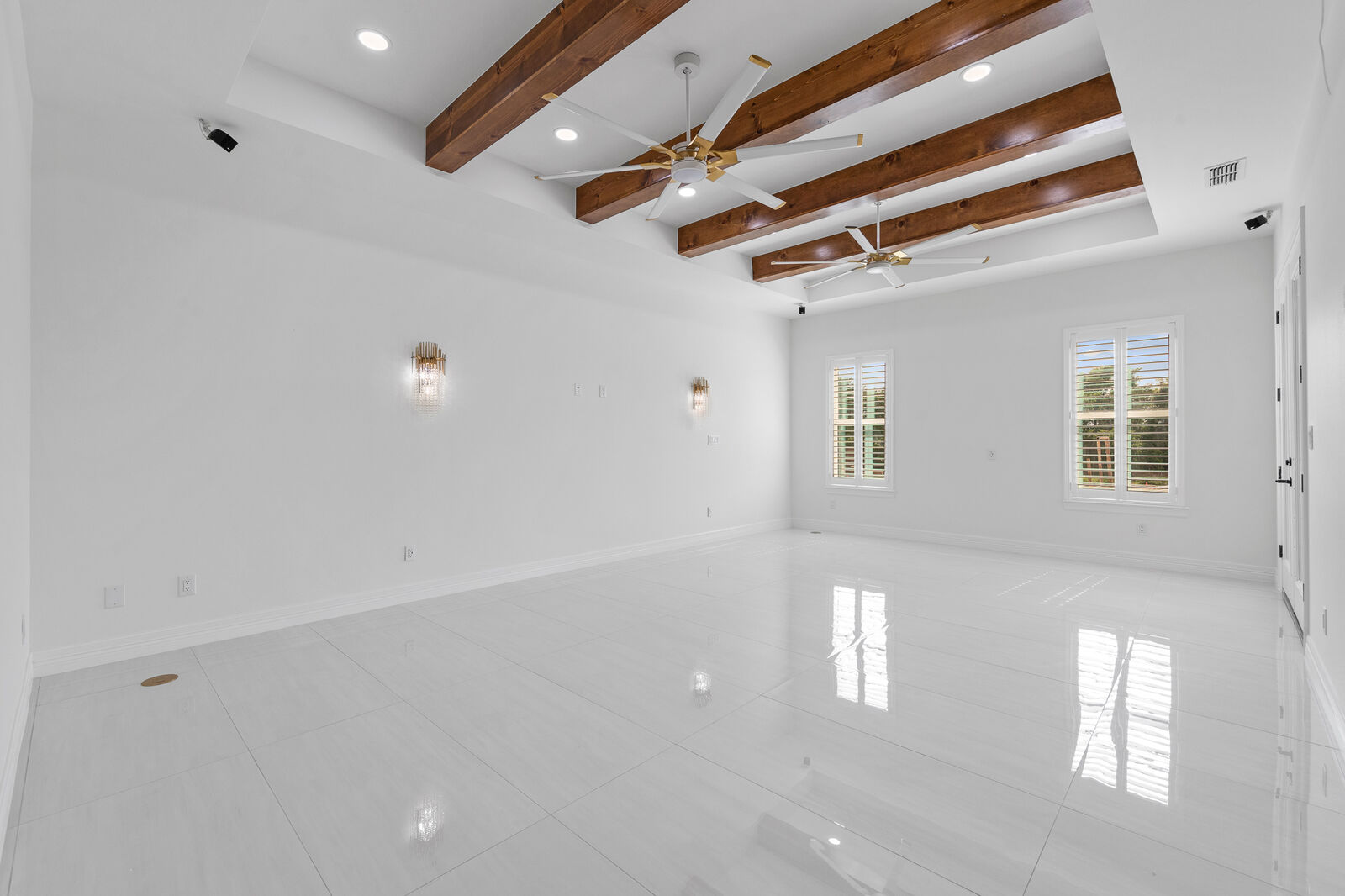 Great room with exposed wood beams
